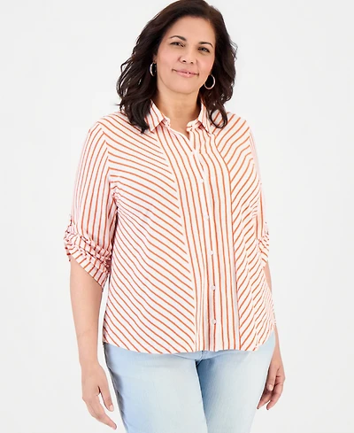 Style & Co Plus Striped Knit Roll-Tab Shirt, Macy's Exclusive