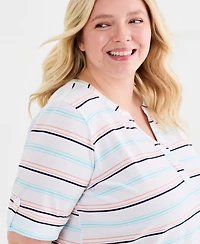 Style & Co Plus Striped Roll-Tab Elbow-Sleeve T-Shirt, Macy's Exclusive