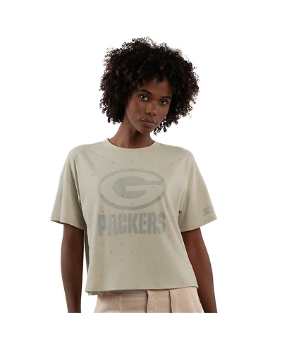 Starter Women's Khaki Green Bay Packers Rhinestone Sprinkle Boxy Cropped T-Shirt
