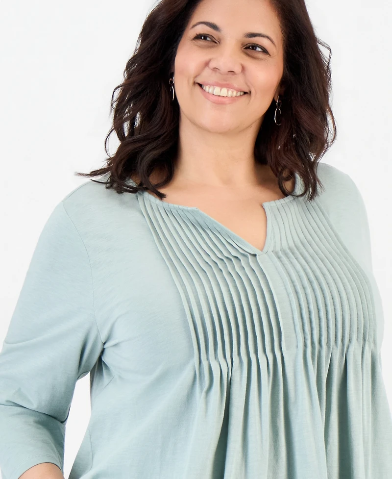 Style & Co Plus Pintucked Split-Neck 3/4-Sleeve Top, Macy's Exclusive