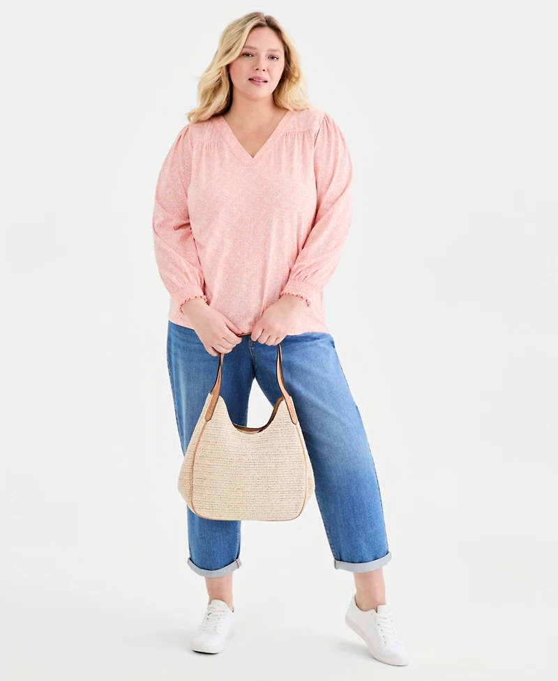 Style & Co Plus Smocked-Cuff V-Neck Top, Macy's Exclusive