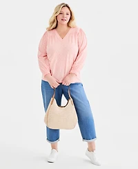 Style & Co Plus Smocked-Cuff V-Neck Top, Macy's Exclusive