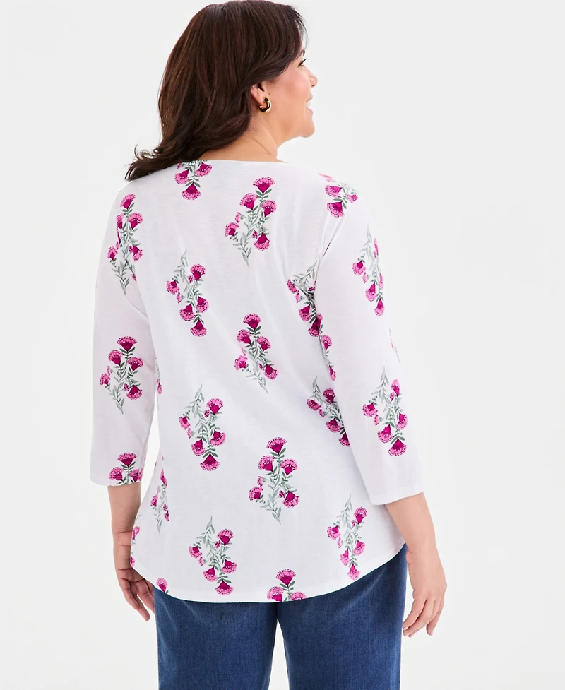 Style & Co Plus Pintucked Split-Neck 3/4-Sleeve Top, Macy's Exclusive