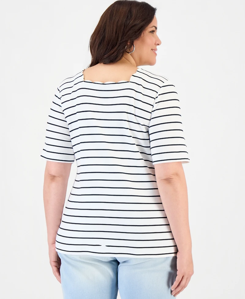 Style & Co Plus Scalloped Square-Neck Striped Top, Macy's Exclusive