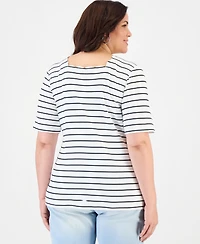 Style & Co Plus Scalloped Square-Neck Striped Top, Macy's Exclusive