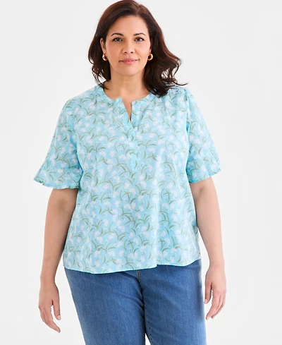 Style & Co Plus Cotton Printed Flutter-Sleeve Top, Macy's Exclusive