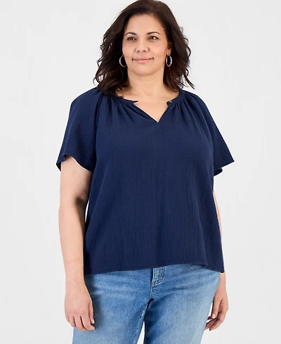 Style & Co Plus Cotton Gauze Flutter-Sleeve Top, Macy's Exclusive