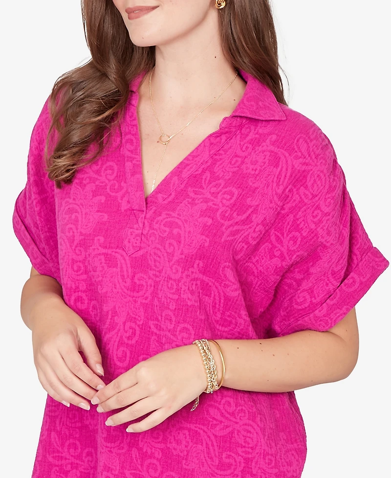 Ruby Rd. Petite Paisley Embossed Gauze Camp Shirt