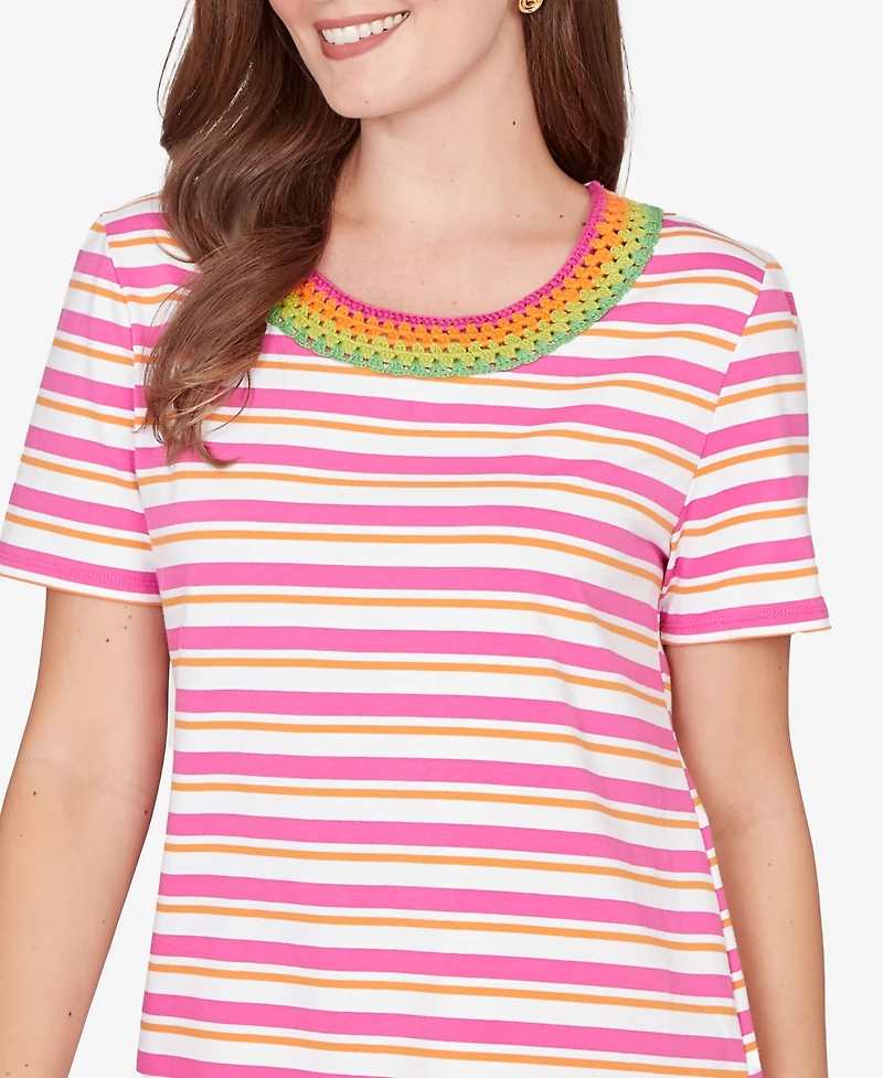 Ruby Rd. Petite Crochet Neck Stripe Knit T-shirt