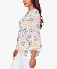 Ruby Rd. Petite Medallion Print Lace Detail Knit Top
