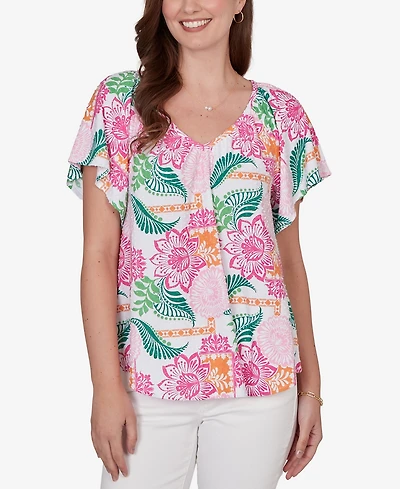 Ruby Rd. Petite Tropical Floral Eyelet Flutter Sleeve T-shirt