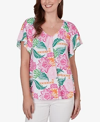 Ruby Rd. Petite Tropical Floral Eyelet Flutter Sleeve T-shirt