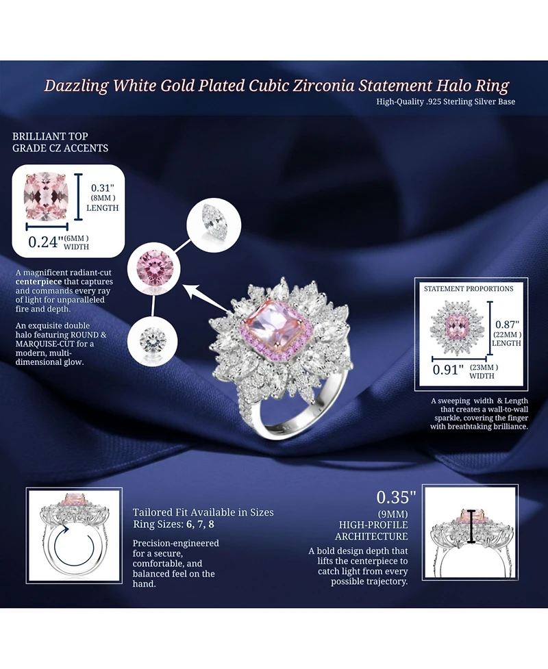 Sterling Silver White Gold Plated Yellow Radiant with Clear Cubic Zirconia Halo Ring