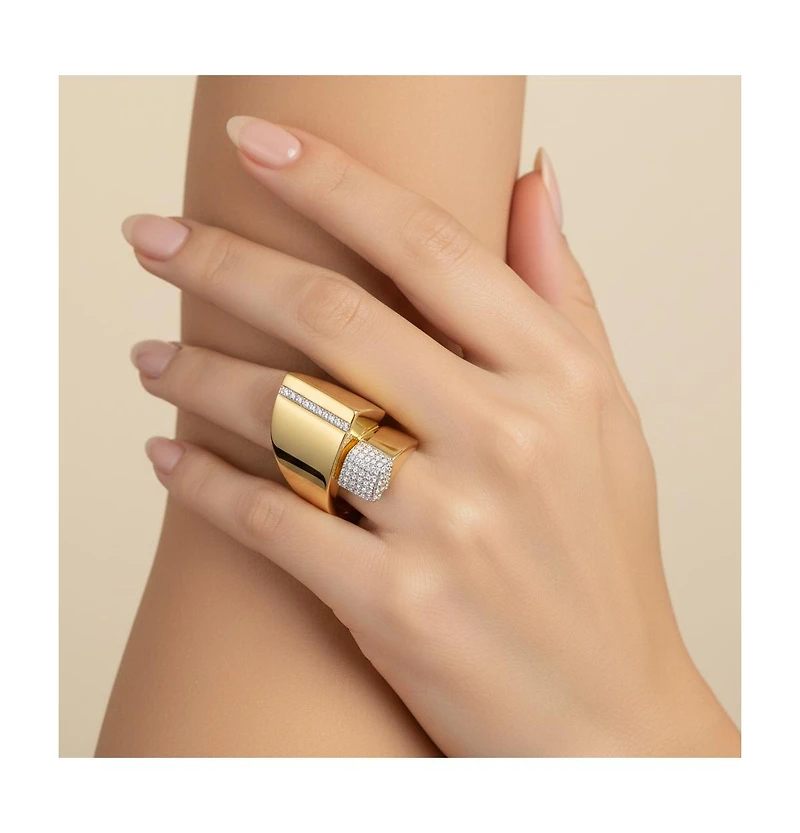 Sterling Silver 14k Gold Plated Cubic Zirconia Modern Open Cuff Scroll Ring