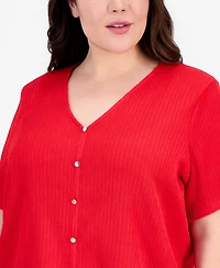 Anne Klein Plus V-Neck Button-Front Short-Sleeve Top
