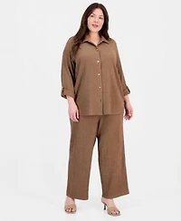 Anne Klein Plus Size Button Front Roll Tab Sleeve Shirt Pull On Wide Leg Pants