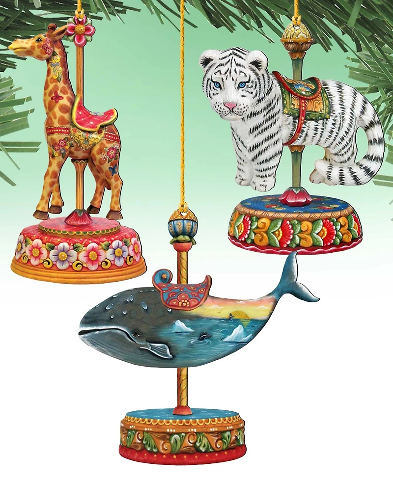 Designocracy Tiger, Santa, Giraffe Christmas Carousel Holiday Ornaments