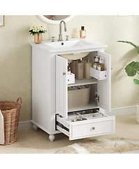 Sillysis 24 Inch Bathroom Vanity with Ceramic Sink, Soft-Close Doors, Adjustable Shelf and Drawer Organizer for Small Spaces