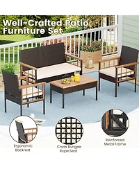 Costway 8 Pcs Wicker Furniture Set with Acacia Wood Tabletop Armrests Cushions for Backyard