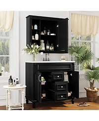 Sillysis 36" Bathroom Vanity with Sink and Mirror, Modern Freestanding Solid Wood Cabinet Storage Drawers Ceramic Top-Sillysis