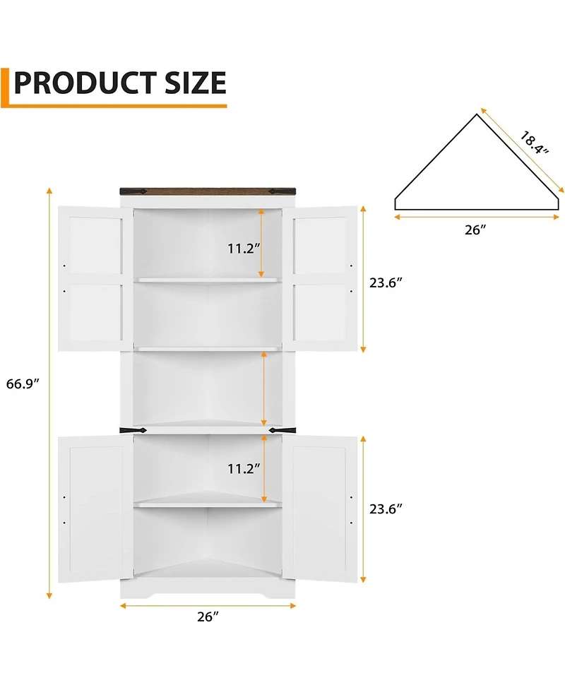 gaomon Rustic Farmhouse Tall Corner Storage Cabinet with Glass Doors & Adjustable Shelves, Corner Display Cabinet for Kitchen