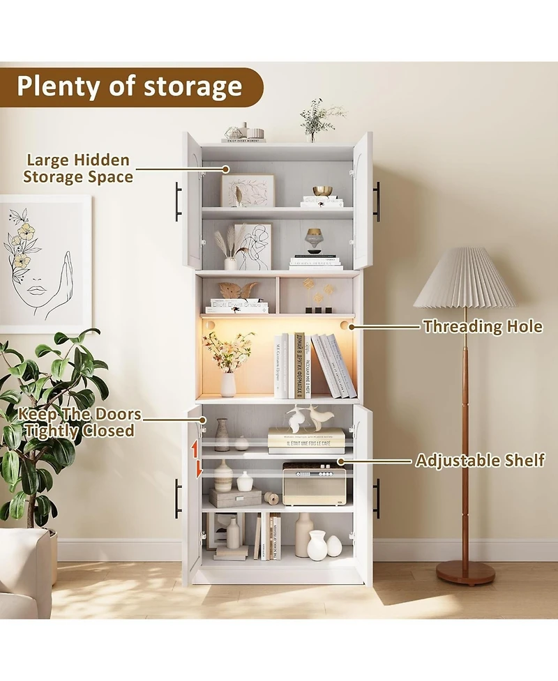 gaomon Tall Pantry Cabinet with Countertop, Kitchen Cabinets with Led Light Strip & Microwave Shelf