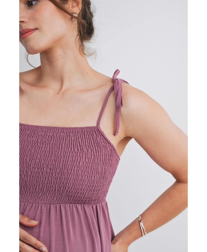 Hello Miz Maternity Smocked Square-Neck Midi Sundress with Tie Straps & Pockets