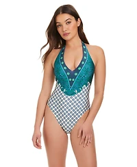 Red Carter Women's V-Neck Printed One-Piece Swimsuit