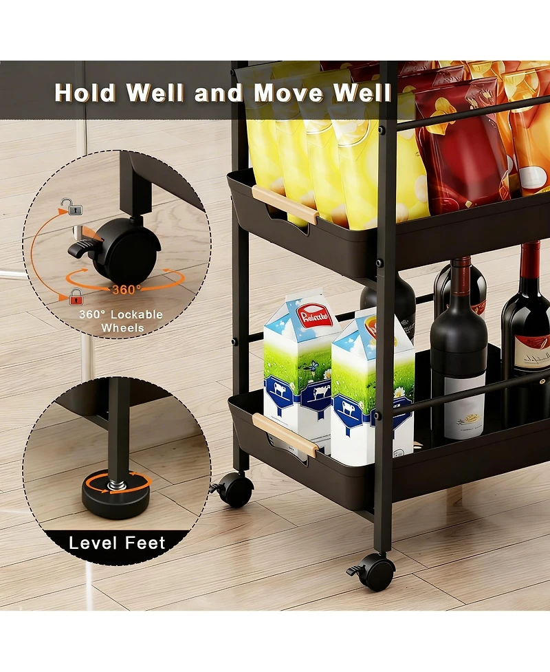 Yigii 6 Tier Storage Cart with Pull-out Drawers and Hooks for Kitchen, Bathroom, Laundry