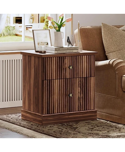 gaomon Fluted Nightstand with Drawers, Mid Century Modern Bedside Table, Brown Nightstand with Storage