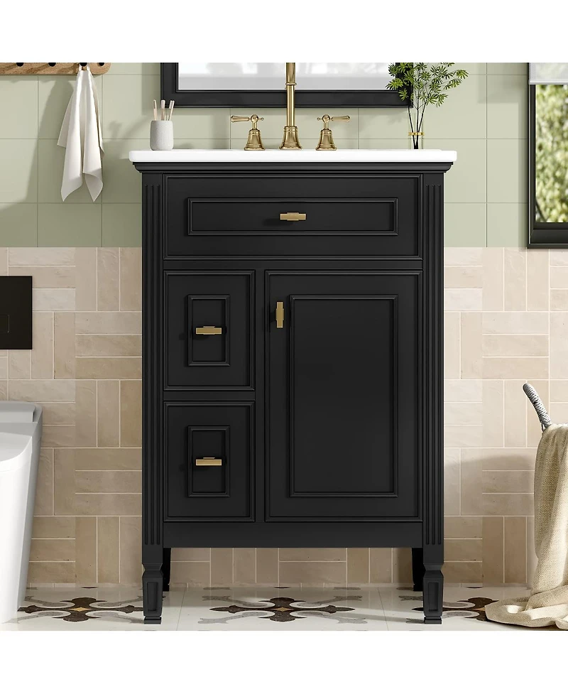 Sillysis Bathroom Vanity with Sink, Freestanding Solid Wood & Mdf Cabinet, Flip Drawer Adjustable Shelf for Storage