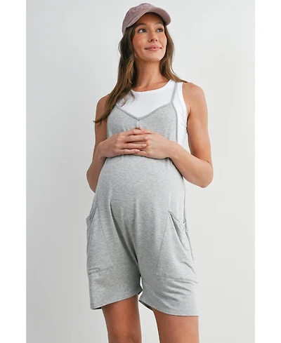 Hello Miz Maternity Sleeveless Loose Fit V-Neck Romper with Pockets and Adjustable Straps