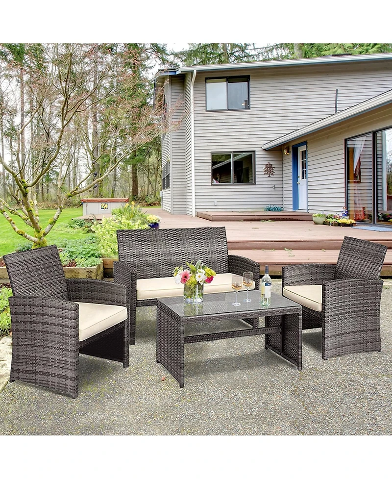 Gymax 4PCS Patio Outdoor Rattan Furniture Set Chair Loveseat Table Cushioned