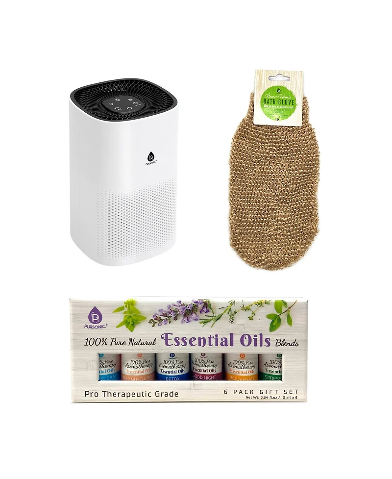 Pursonic True Hepa Air Purifier, Essential Oil Wellness Blends, and Sisal Hemp Bath Gloves