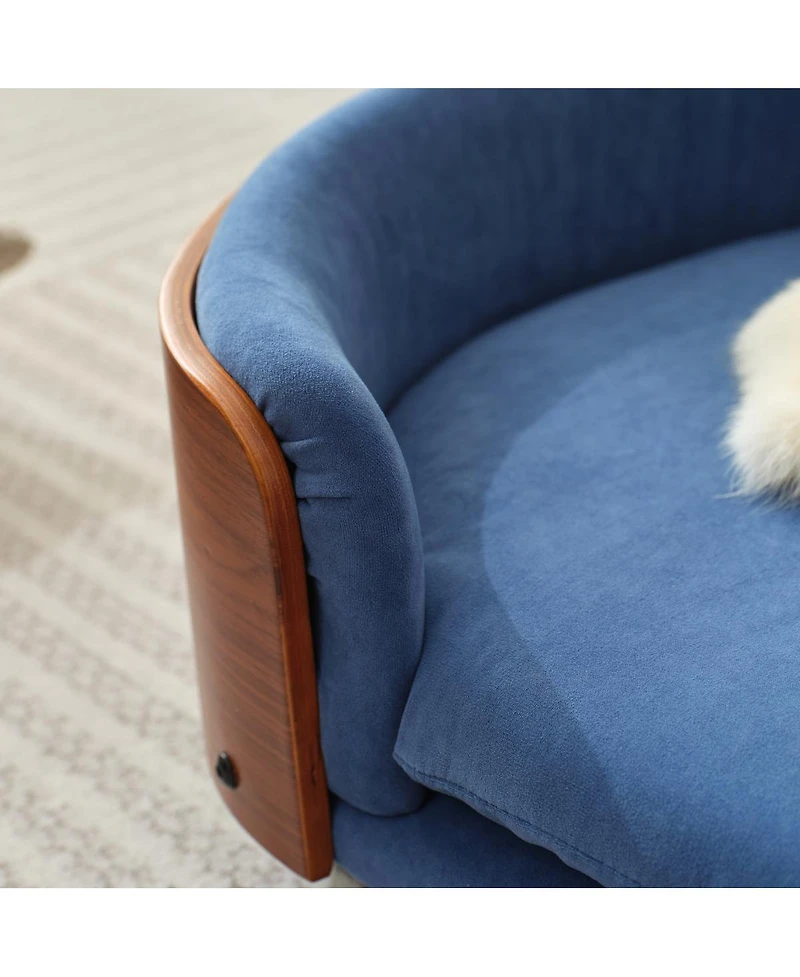 6thdruple Mid-Century Wood Pet Bed with Velvet Cushion