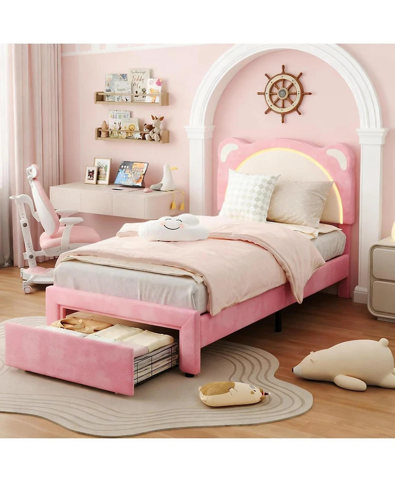 gaomon Kids Velvet Bed Frame with Led Lights, Adjustable Bear Headboard , Under-Bed Storage, Solid Wood Slats, Noise-Free