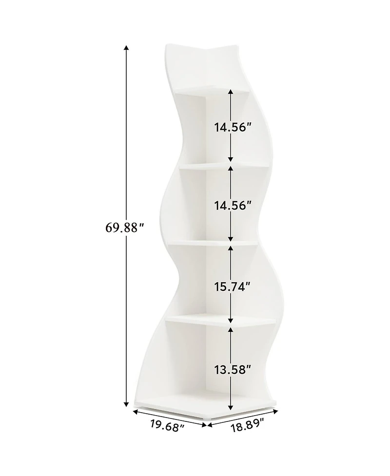 Rainsken 5-Tier Wall Corner Bookshelf, Modern Bookcase Storage Rack with Adjustable Shelves, Unique Shape for Living Room, Home Office