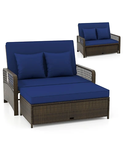 Gymax Patio Rattan Daybed Wicker Loveseat Sofa w/ Multifunctional Ottoman