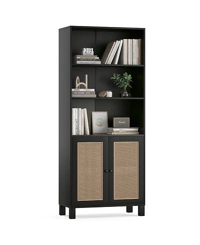 Rainsken 71" Tall Bookshelf, 5 Tier Wood Storage Bookcase with Rattan Doors, Ample Storage Space for Living Room, Home Office