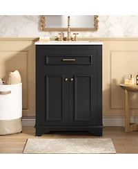 Sillysis 24" Bathroom Vanity with Ceramic Sink, Modern Freestanding Mdf Cabinet, Tip-Out Drawer Soft Close Door for Small Bathrooms