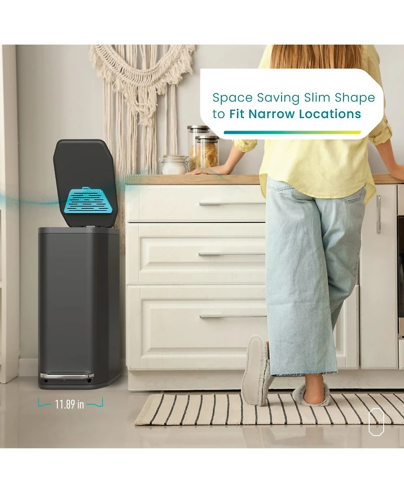 Home Zone Living 13 Gallon Slim Stainless Steel Kitchen Trash Can with CleanAura Odor Control and Soft Close Lid