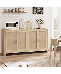 gaomon 60 in Farmhouse Rattan Buffet Cabinet - 4-Door Woven Storage Sideboard with Adjustable Shelves