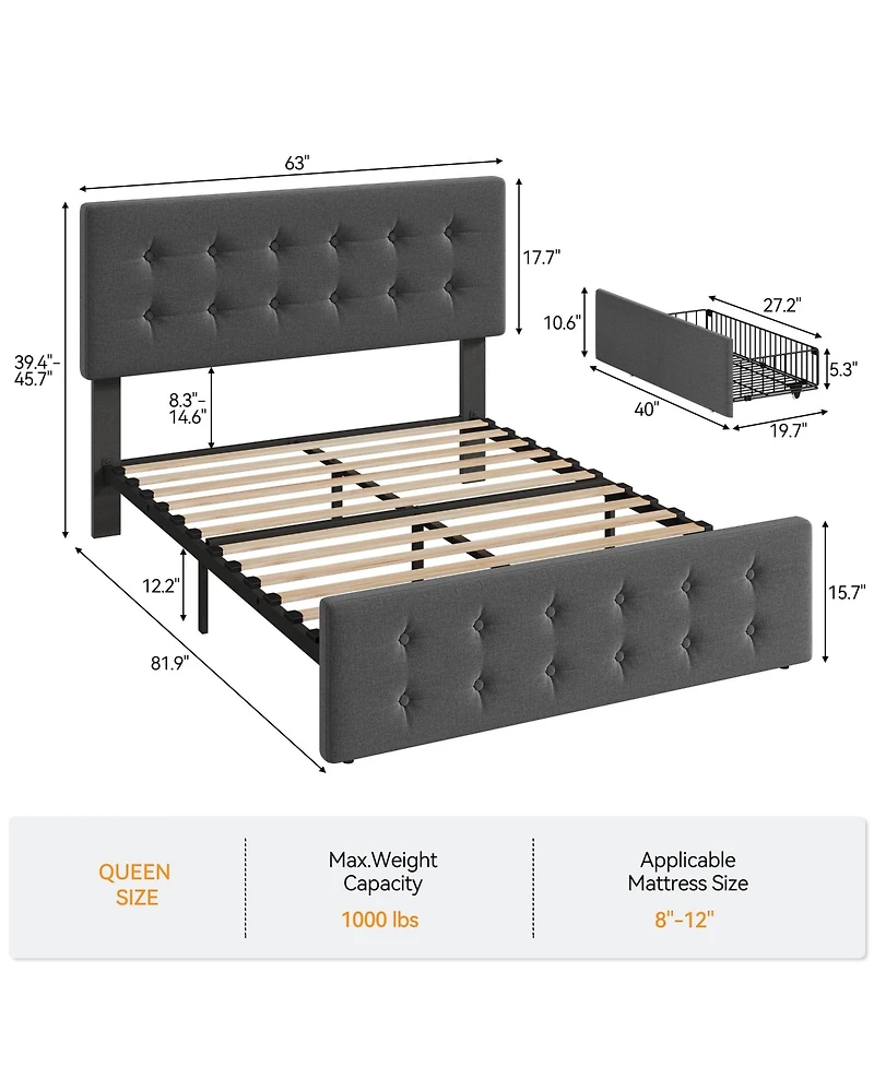 gaomon Bed Frame with Headboard & 4 Storage Drawers, Square Stitched Button Tufted Platform