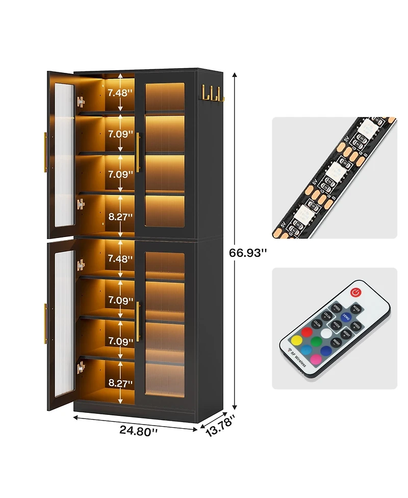 Tribesigns 8-Tier Tall Shoe Storage with Acrylic Doors and Led Lights Set of 2, Organizer Rack Adjustable Shelves Hanging Hooks