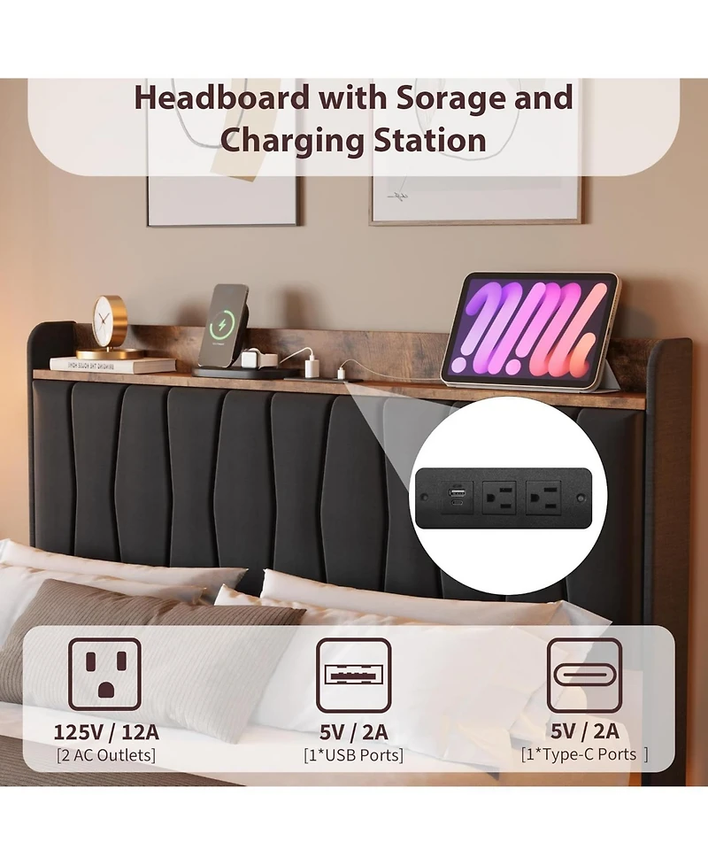 gaomon King Floating Bed Frame with Led and Storage Headboard Upholstered Charging Station No Box Spring