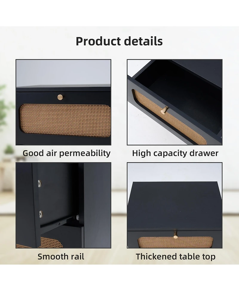 Rainsken 2-Drawers Rattan Nightstand, Handwoven Bedside Table End Table with Solid Wood Legs for Bedroom and Living Room