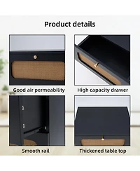 Rainsken 2-Drawers Rattan Nightstand, Handwoven Bedside Table End Table with Solid Wood Legs for Bedroom and Living Room