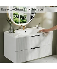 Sillysis 36 Wall Mounted Bathroom Vanity with Ceramic Sink, Fluted Mdf Cabinet & Drawers for Modern Bathrooms