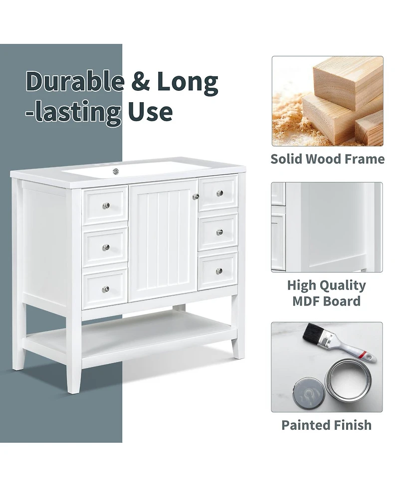 Sillysis 36 Bathroom Vanity with Ceramic Sink, Solid Wood Cabinet, 3 Drawers & Adjustable Shelf for Modern Bathrooms