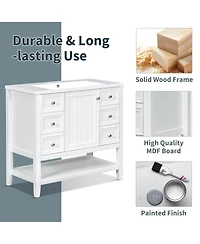 Sillysis 36 Bathroom Vanity with Ceramic Sink, Solid Wood Cabinet, 3 Drawers & Adjustable Shelf for Modern Bathrooms